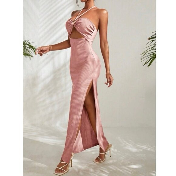 NWT SHEIN Vacay Pink Maxi Slit Cutout Halter Bodycon Dress Women’s Size Small - Picture 2 of 7